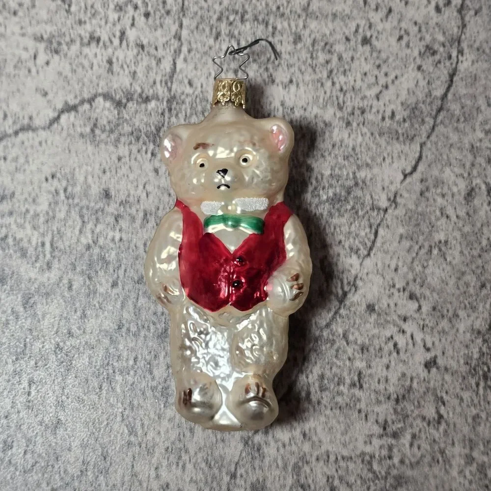 Old World Christmas Ornament Blown Glass Teddy Bear in Vest Bowtie Cute 4.5